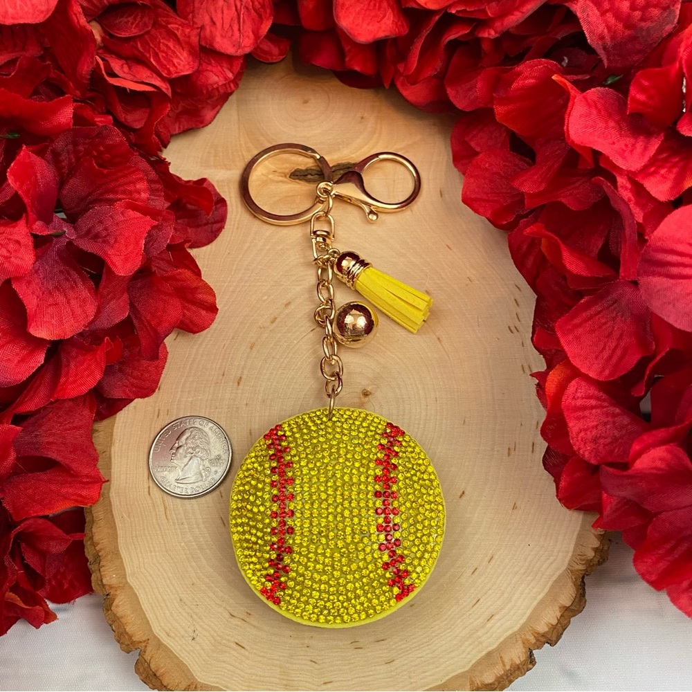 🥎Crystal & Leather Softball Keychain & Yellow Tassel - Picture 10 of 10